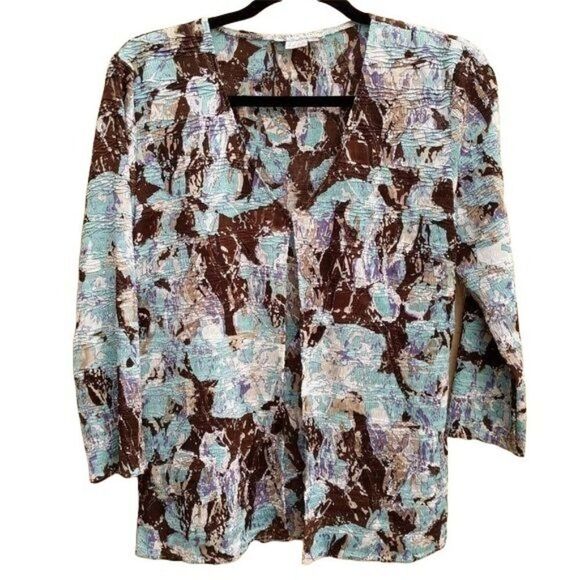Vtg Alberto Makali Artsy Crinkle Stretch Abstract Print Cardigan Brown Blue Sz L - Picture 1 of 10